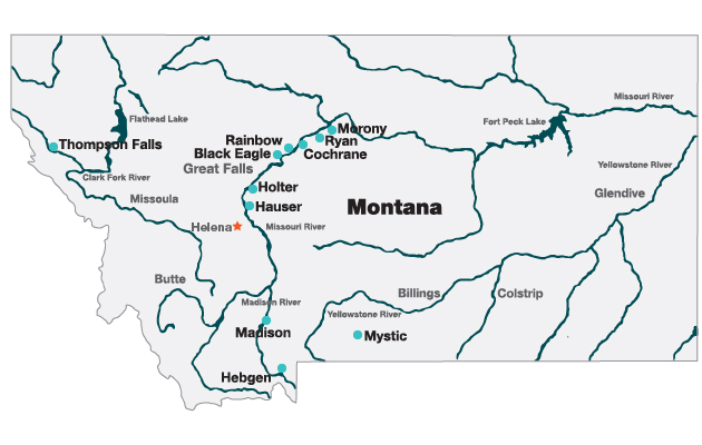 A map showing NorthWestern Energy's hydro facilities.